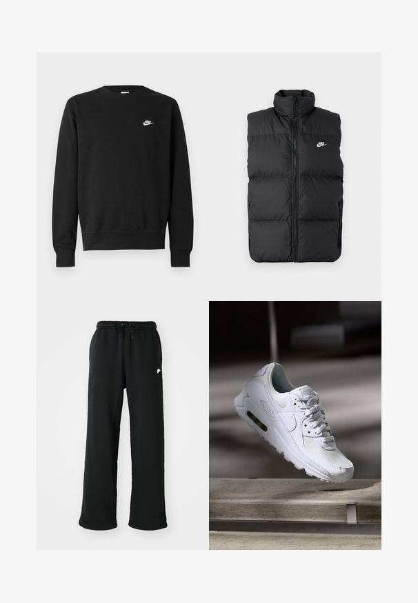 Sort polstret ærmeløs jakke med høj krave, lynlås foran, sidelommer og hvidt Nike-logo på brystet.; Sort sweatshirt lavet af bomuld med rund hals, lange ærmer og et lille hvidt Nike-logo på øverste venstre bryst.; Sorte joggingbukser lavet af blødt stof, med elastisk talje og justerbar snøring samt et lille logoakcent på siden.; Hvide Nike Air Max 90 sneakers med en overdel i mesh og læder, perforeret tåboks og en synlig luftenhed i hælen.