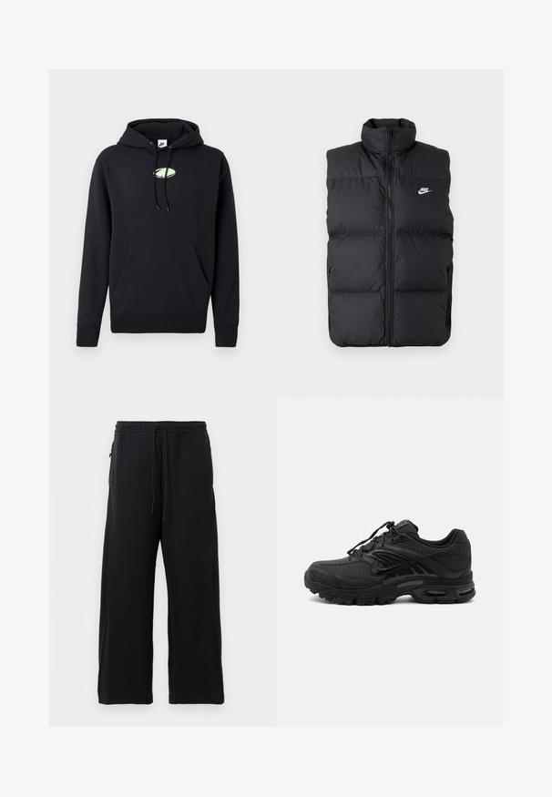 Schwarze gepolsterte ärmellose Jacke mit hohem Kragen, Vorderreißverschluss, Seitentaschen und weißem Nike-Logo auf der Brust.; Schwarzer Nike-Hoodie mit vorderer Kängurutasche, verstellbarem Kapuzenzug und kleinem hellgrünen ovalen Logo in der Mitte der Brust.; Schwarze Jogginghosen aus weichem Material, mit einem Kordelzugbund, weitem Beinschnitt und seitlichen Taschen mit glatter Textur.; Schwarzer athletischer Sneaker mit strukturiertem Stoff, dicker gepolsterter Sohle, Luftauslässen und Schnürverschluss, von der Seite auf hellem Hintergrund gezeigt.