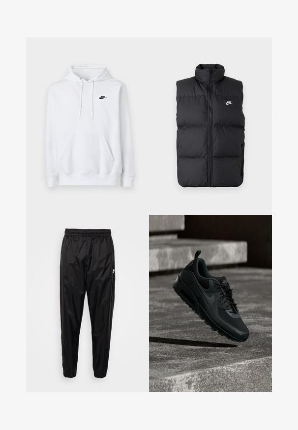 Schwarze gepolsterte ärmellose Jacke mit hohem Kragen, Vorderreißverschluss, Seitentaschen und weißem Nike-Logo auf der Brust.; Weißes Kapuzen-Sweatshirt mit Kängurutasche vorne, Kordelzug an der Kapuze und kleinem schwarzen Nike-Logo auf der linken Brust.; Schwarze Jogginghose aus leichtem, glänzendem Material mit elastischem Bund, schmalem Schnitt und Reißverschlusstaschen. Mit einem Logoakzent.; Schwarzer Nike Air Max Sneaker schwebt in der Luft über einem strukturierten Betonboden mit Betonstufen im Hintergrund.