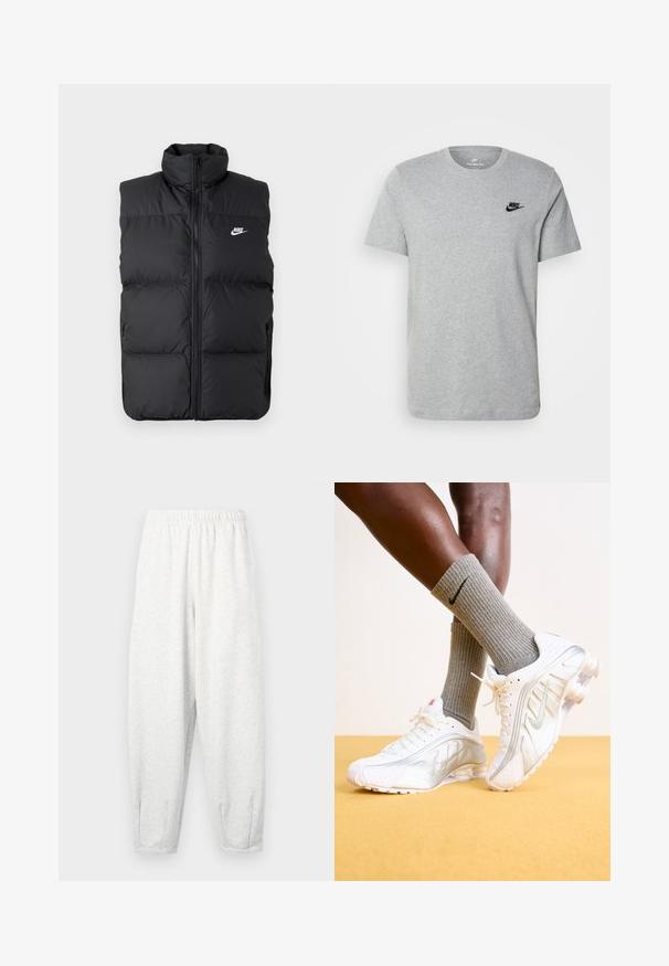 Zwarte gewatteerde mouwloze jas met hoge kraag, rits aan de voorkant, zijzakken en wit Nike-logo op de borst.; Grijze T-shirt met korte mouwen van katoen, voorzien van een zwart Nike-logo op de borst en een ronde halslijn. Minimalistisch ontwerp zonder patronen.; Lichtgrijze sweatpants gemaakt van zachte stof, met een elastische tailleband, taps tolopende benen en enkelmanchetten. Eenvoudig ontwerp zonder patronen.; Nike sneakers in het wit met zilveren accenten, met textuurpanelen en perforaties. Gecombineerd met grijze geribde sokken, tegen een gele achtergrond.