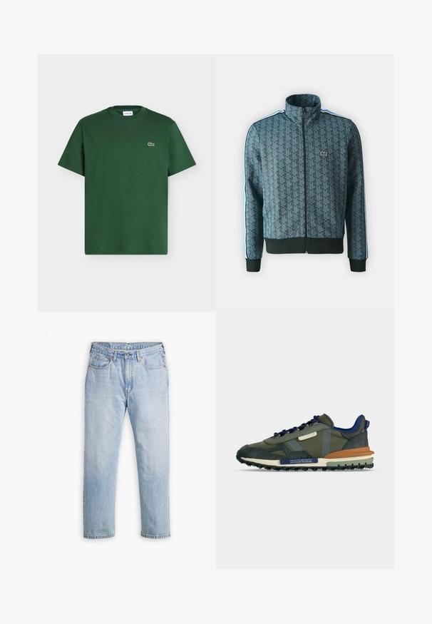 Lacoste Tréningová bunda - green/argentine blue; Tmavozelené bavlnené tričko s krátkym rukávom, okrúhlym výstrihom a malým logom krokodíla Lacoste na ľavej strane hrude.; Svetlomodré džíny s rovnými nohavicami, štýl s piatimi vreckami a kontrastným šitím. Zapínanie na gombík a zips v páse.; Tmavozelená a námornícka nízka teniska s béžovou podrážkou, oranžovým detailom na päte a modrou vnútornou podšívkou, zobrazená z boku na bielom pozadí.