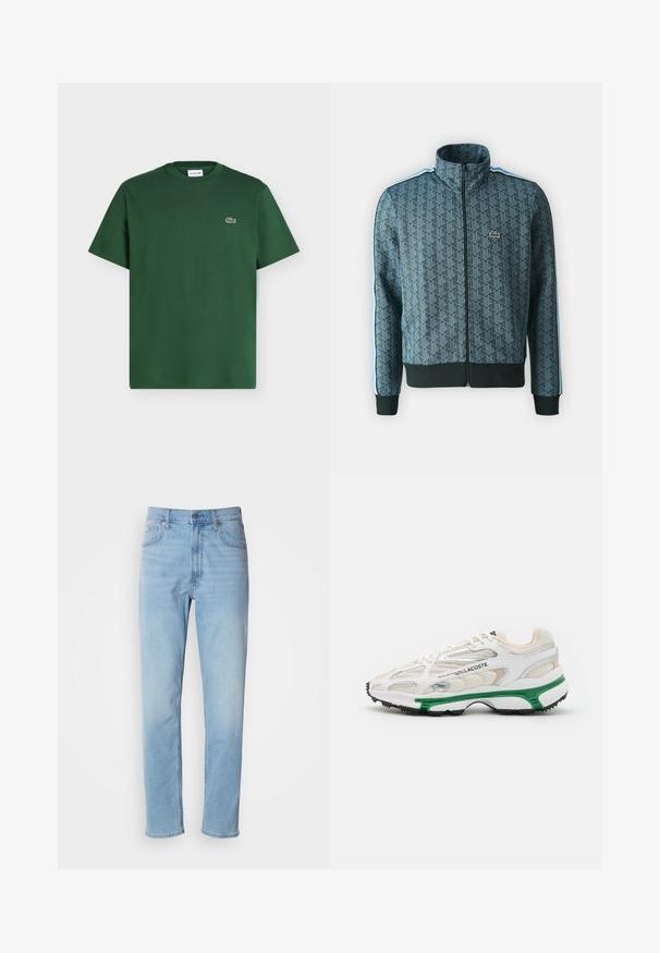 Lacoste Træningsjakke - green/argentine blue; Mørkegrøn kortærmet bomulds t-shirt med rund hals og lille Lacoste krokodillelogo på venstre bryst.; Lys blå denim jeans med lige pasform, fem lommer og bæltestropper. Stoffet har en glat overflade med en let falmningseffekt.; Hvide sneakers med grønne accenter og sort gummisål. Har mesh- og syntetiske paneler med en struktureret overflade og synlige sømme.