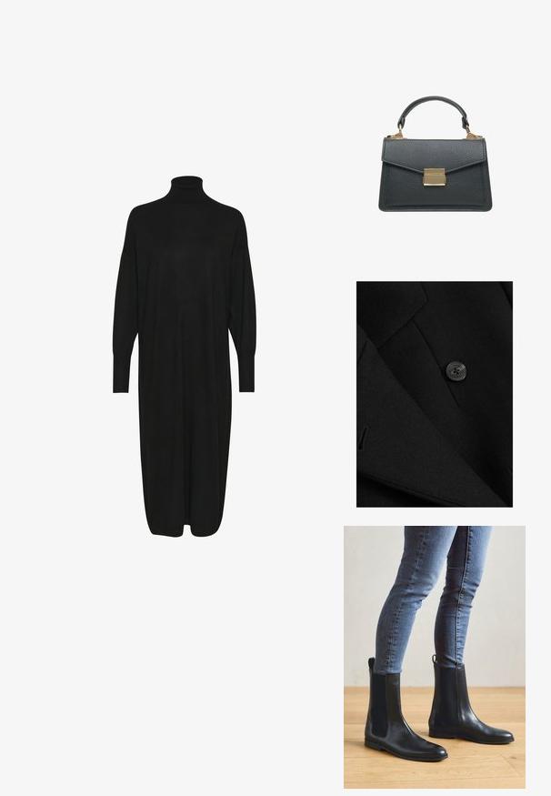 Zwarte wollen blazer met een gladde textuur, scherpe revers en een glanzende zwarte knop met een ontwerp met vier gaatjes.; Zwarte gebreide jurk met een hoge opstaande kraag, lange mouwen en een relaxte pasvorm. Zachte textuur met een lengte tot halverwege de kuiten en geen zichtbare patronen of accenten.; Zwarte leren Chelsea-boots met ribbelpanelen aan de zijkanten en lusvormige hieltabs, met een ronde neus en platte rubberen zolen. Draagt een blauwe spijkerbroek.; Zwarte gestructureerde leren handtas met korte handgreep en rechthoekige gouden gesp op de voorflap.