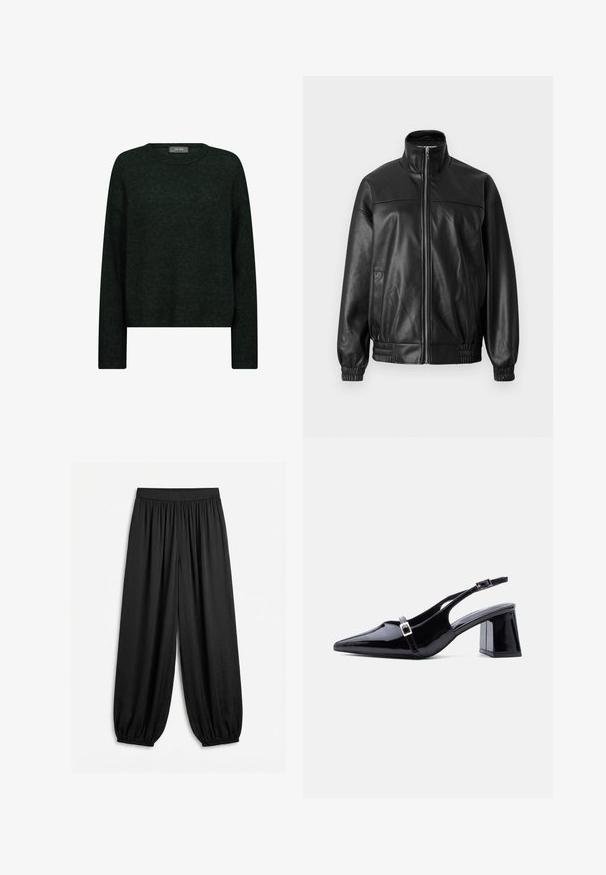 Veste aviateur en cuir noir avec un col montant, fermeture éclair frontale, poignets élastiques et coupe légèrement ample. Comprend des poches latérales.; Pull vert foncé avec un col rond, des manches longues et une coupe décontractée. Fabriqué en tissu texturé, avec des motifs tonals subtils.; Pantalon noir ample avec taille élastique froncée et poignets élastiques, fabriqué en tissu léger et fluide.; Escarpin à bride arrière en cuir verni noir, bout pointu, petit talon bloc bas, avec deux petites boucles argentées sur les brides.