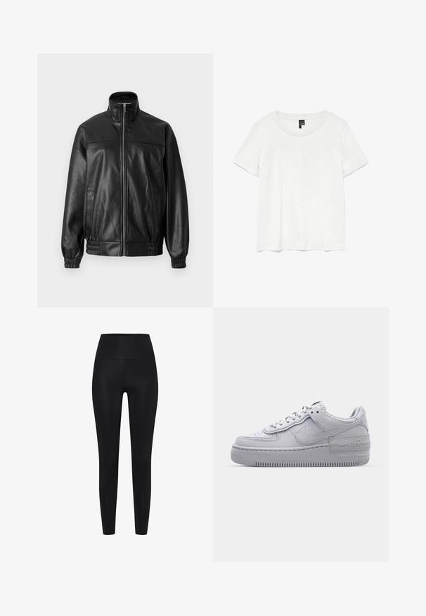 Chaqueta bomber de cuero negro con cuello alto, cierre frontal con cremallera, puños elásticos y un ajuste ligeramente holgado. Cuenta con bolsillos laterales.; Camiseta blanca de manga corta con un cuello redondo, hecha de tejido ligero. Diseño simple, textura suave y dobladillo recto.; Leggings negros de tela elástica. Diseño de cintura alta, textura suave, silueta ajustada, sin patrones o acentos visibles.; Zapatilla Nike Air Force 1 gris con puntera perforada, parte superior de cuero suave, suela gruesa y detalle en relieve 'AIR' en el talón.