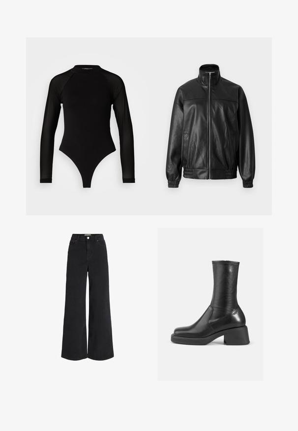 Veste aviateur en cuir noir avec un col montant, fermeture éclair frontale, poignets élastiques et coupe légèrement ample. Comprend des poches latérales.; Bodysuit noir à manches longues avec col haut, doté d'un tissu solide sur le torse et de manches en maille transparente, conçu dans une coupe ajustée.; Jean en denim noir à jambes larges avec design à cinq poches, taille haute et fermeture à bouton. Présente des coutures discrètes et une finition soignée.; Bottine en cuir noir avec une finition lisse, bout carré et un talon bloc épais. Présente des coutures latérales et un subtil accent métallique.