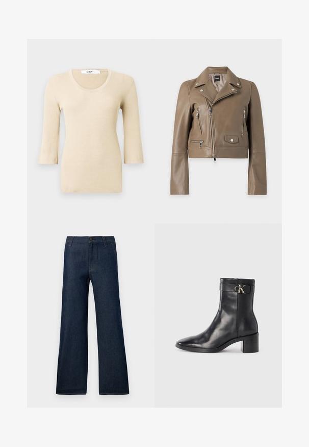 Taupe kort læderbikerjakke med sølv lynlåse, trykknapper og asymmetrisk front-lynslåslukning.; Beige ribbet langærmet bluse med en rund halsudskæring. Teksturen er glat og tætsiddende. Udsvingede manchetter tilføjer en subtil designdetalje.; Mørkeblå bukser med brede ben lavet af denim, med et klassisk fem-lommen design, knaplukning og subtile syninger.; Sort læder ankelstøvle med spids tå, blokhæl og en rem med en metallisk logo detalje. Glat tekstur og minimalistisk design.