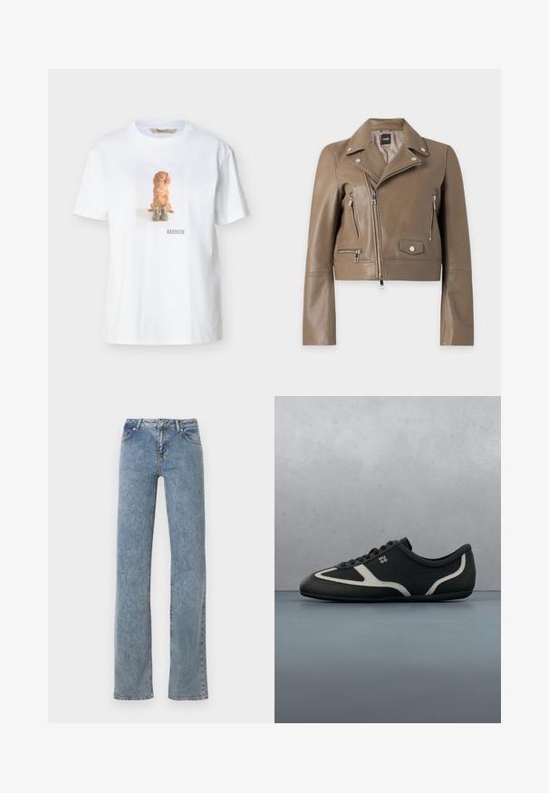 Veste biker en cuir taupe raccourcie avec fermetures éclair argentées, boutons-pression et fermeture éclair asymétrique à l’avant.; T-shirt blanc avec une impression centrée d'un chien marron assis derrière deux bottes vertes et le texte "BARBOUR" en dessous.; Jean bleu à jambe droite avec taille haute, fermeture à boutons sur le devant, et design à cinq poches, présenté sur un fond blanc.; Baskets noires avec tige en cuir texturé, accents gris contrastants, bout rond et semelle plate. Dotées de lacets et d'un logo de marque sur le côté.