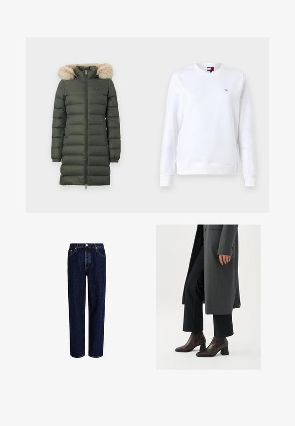Olivengrüner, langer, gesteppter Wintermantel mit Frontreißverschluss, seitlichen Taschen, elastischen Bündchen und Kapuze mit beigefarbenem Kunstfellbesatz.; Weißer Sweatshirt aus Baumwollmischung. Rundhalsausschnitt, lange Ärmel, gerippte Bündchen und Saum. Kleines Logo-Detail auf der Brust. Glatte Textur.; Dunkelblaue Denim-Jeans mit geradem Bein, hoher Taille, fünf Taschen und kontrastierenden Nähten. Ohne Verzierungen.; Dunkelbraune Leder-Ankel-Boots mit Absatz, spitz zulaufender Zehenpartie und Blockabsatz, kombiniert mit schwarzen Hosen und einem grauen Mantel.