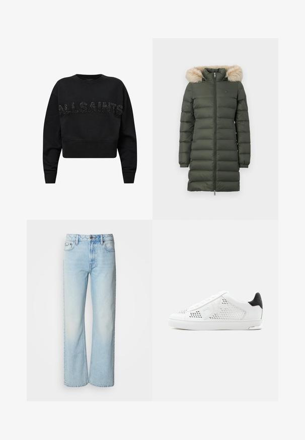Olive roheline pikk kootud talvine mantel, millel on ees tõmblukk, küljetaskud, elastsed mansetid ja kapuuts, mille ääres on beež sünteetiline karv.; Musthave musta lühikeste varrukatega dressipluus pehmest kangast, millel on esiosas tekstuuriga mustad aktsendid sõnaga "ALLSAINTS". Ümara kaelusega ja pikad varrukad.; Heledad sinised laiad püksid, mis on valmistatud denimist, klassikalise viie tasku disainiga ja õrna tuhmumisega tekstuuriga. Denimõmblused on nähtavad.; Valge madala lõikega tennisejalanõu, millel on perforeeritud küljepaneelid, reljeefne "DK" logo, must kontsapaneel ja valge kummist tald ühtlasel taustal.