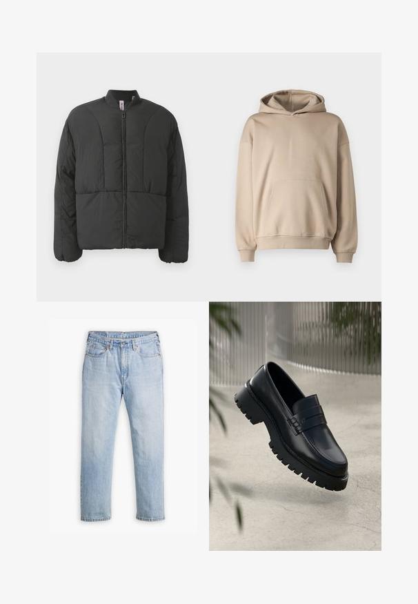 Sort polstret jakke med høj krave, frontlynlås og to store sidelommer. Har et glat, letvægtsstof og quiltet design.; Beige hætte sweatshirts, blødt stof, løs pasform, kengurulomme, ribbede manchetter og kant, minimalistisk design, glat tekstur.; Lysblå denimjeans med lige bendesign, fem lomme stil og kontrastsyet. Knap- og lynlåslukning i taljen.; Sorte læder loafers med en chunky sål, der har en dekorativ rem og syninger. Glat tekstur med en poleret overflade.