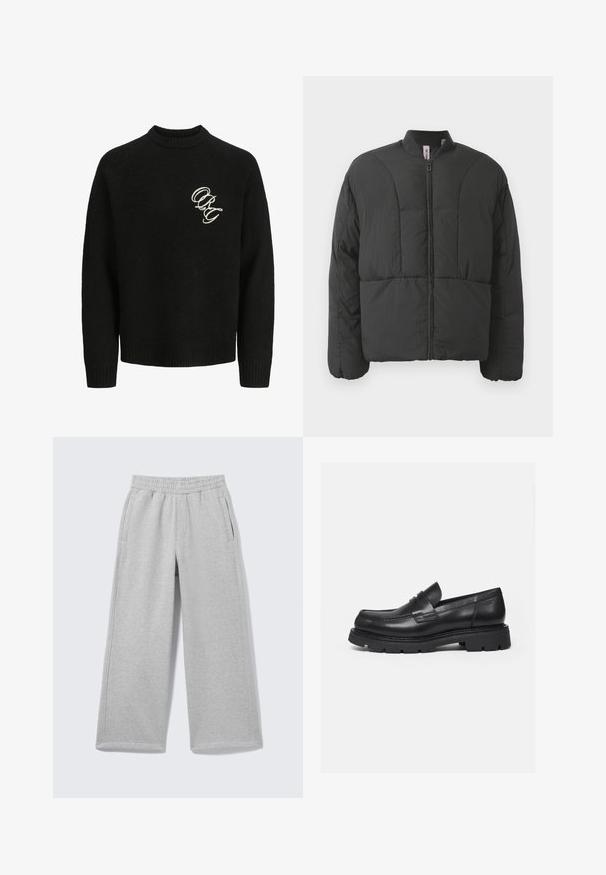 Veste matelassée noire avec un col haut, fermeture éclair frontale et deux grandes poches latérales. Elle présente un tissu lisse et léger avec un design matelassé.; Pull en tricot noir avec un col ras du cou, doté de poignets et d'un ourlet côtelés. Lettres brodées "ORG" en couleur contrastante sur la poitrine.; Pantalon de survêtement gris clair à jambes larges avec taille élastique et poches latérales, présenté sur un fond uni.; Mocassin en cuir noir avec semelle épaisse crantée et détail de bride penny, présenté en profil droit sur fond blanc.