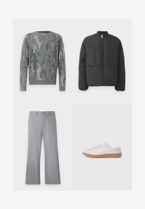 Veste matelassée noire avec un col haut, fermeture éclair frontale et deux grandes poches latérales. Elle présente un tissu lisse et léger avec un design matelassé.; Pull gris avec un motif texturé aux nuances de gris variées, col rond, manches longues, et poignets et ourlet côtelés.; Pantalon large gris en tissu doux, avec une fermeture éclair sur le devant, des passants de ceinture et un design épuré sans motifs ni accents visibles.; Baskets argentées avec une texture lisse, un design à lacets, des accents perforés et une semelle en caoutchouc marron texturé.