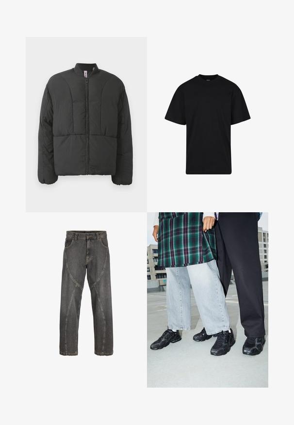 Sort polstret jakke med høj krave, frontlynlås og to store sidelommer. Har et glat, letvægtsstof og quiltet design.; Sort T-shirt med korte ærmer og rund hals, afslappet pasform, ensfarvet design uden synlige logoer eller mønstre.; Sortvaskede jeans med unikt buet sømdetalje foran og standard fem-lomme design.; Sorte atletik sko med mesh- og gummidetaljer. Båret med lysegrå vide jeans og en ternet grøn bluse. Flad overflade i baggrunden.