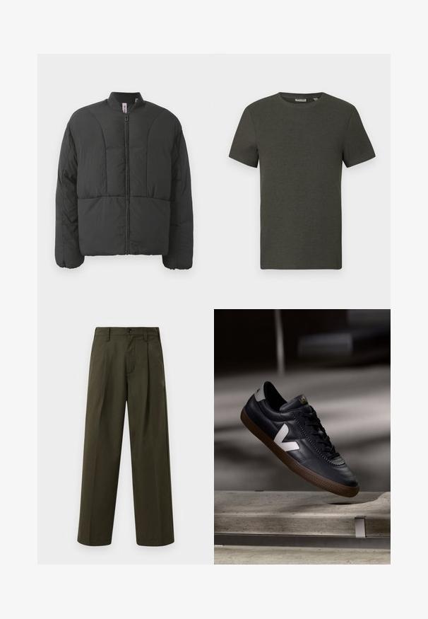 Sort polstret jakke med høj krave, frontlynlås og to store sidelommer. Har et glat, letvægtsstof og quiltet design.; Mørkegrøn kortærmet t-shirt med rund halsudskæring, lavet af ribbet materiale; har et enkelt, minimalistisk design uden mønstre.; Olivengrønne wide-leg bukser lavet af bomuld med en glat tekstur, der har en frontlomme, bæltesløjfer og en enkelt knaplukning.; Sort lædersneaker med hvid V-logo, snørebånd foran, perforerede detaljer og brunt gummisål; slankt design med minimale accenter.