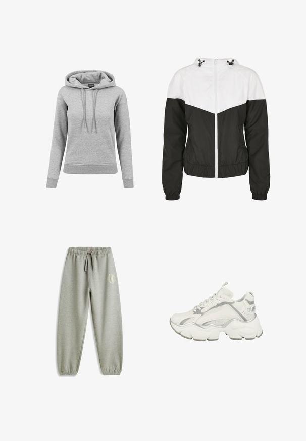 Chaqueta cortavientos en blanco y negro con cremallera en la parte delantera, puños elásticos y capucha; presenta un diseño en forma de chevron y cintura fruncida.; Sudadera gris de algodón, con capucha ajustable, mangas largas, puños acanalados y dobladillo. Diseño liso sin patrones.; Pantalones de chándal grises claros hechos de una tela suave, con una cintura elástica, cordón ajustable y puños acanalados; presentan un logo en uno de los muslos.; Zapatilla blanca gruesa con suela escultórica gruesa, acentos grises, paneles de malla, cordones y la marca "BUFF" en la pestaña del talón.