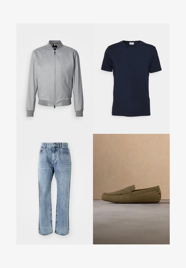 Vaaleanharmaa bomber-takki, jossa on sileä pinta, resorit hihansuissa ja helmassa, edessä vetoketju ja sivutaskut.; Merinäytti sininen crew-neck t-paita, joka on valmistettu pehmeästä kankaasta. Lyhyet hihat ja klassinen istuvuus, jossa on etiketti kauluksessa. Sujuva rakenne, minimaalinen muotoilu.; Billionaire Boys Club CASINO PANT - Straight leg -farkut - light wash blue; Vaaleanruskea mokkainen loafer, jossa on ommellut yksityiskohdat ja pieni kangasmerkki lähellä kantapäätä, leijuu beigenvärisen maton yllä.
