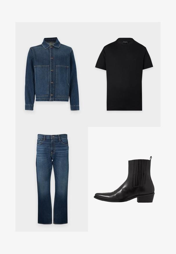 Denimjakke i mørk blå, med krage, knappelukking og to store frontlommer. Stoffet har en medium tekstur og synlige sømmer.; Enkelt svart t-skjorte med korte ermer og rund hals med et diskret lite logo på brystet og en synlig merkelapp i nakken på grå bakgrunn.; Mørkeblå denimjeans med rette ben, med synlige sømmer og standard midjebånd med metallknapp.; Sorte skinn ankelstøvletter med spiss tå, elastiske sidepaneler, vertikale sømdetaljer og en lav blokkhæl.