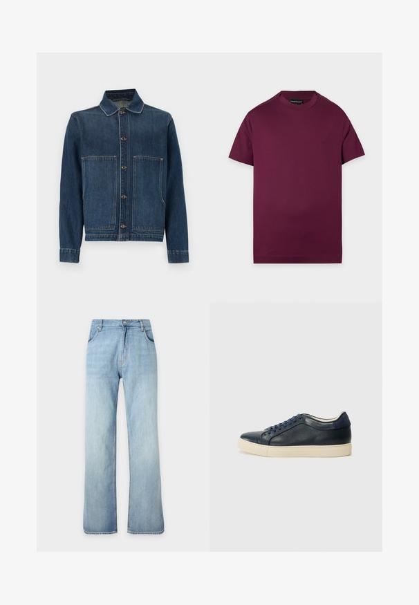 Jeansjacke in Dunkelblau mit Kragen, Knopfverschluss und zwei großen Fronttaschen. Der Stoff hat eine mittlere Textur und sichtbare Nähte.; Einfaches dunkelviolettes T-Shirt mit kurzen Ärmeln und Rundhalsausschnitt, mit kleinem gestickten Logo auf der linken Brustseite und einem schwarzen Markenetikett innen am Kragen.; Hellblaue gerade geschnittene Jeans aus Denim mit vorderem Knopf- und Reißverschluss, vorderen Taschen und Gürtelschlaufen, vor einfachem Hintergrund gezeigt.; Dunkelblaues Leder-Sneaker mit cremefarbener Gummisohle, ausgestattet mit blauen Schnürsenkeln und einer glatten Textur. Abgerundete Zehenpartie und minimalistisches Design.