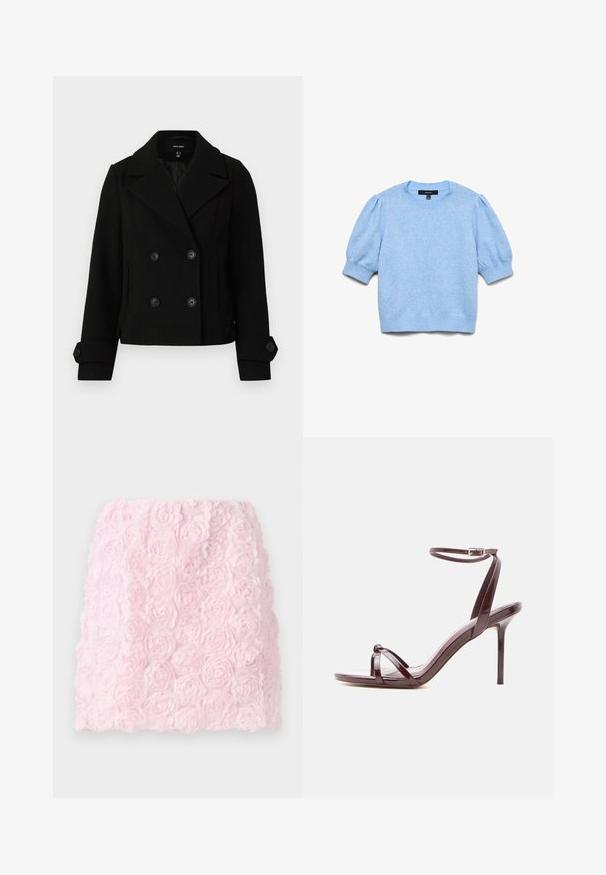 Musthave mustrik naiste peacoat, millel on laiad kraed, nupuga mansetid ja kaks esiääre taskut, esitleb tühjal taustal.; Hele sinine kootud sviiter lühikeste punnikuvarrukate ning soonikutega mansettide, kaeluse ja alumise äärega.; Roosa mini seelik tekstuurse disainiga, milles on kihilised kangast lilled. Pind on pehme ja detailne, andes kolmemõõtmelise lilleefekti.; Veenpunast lakknahast kõrge kontsaga sandaal õhukese pahkluu rihma ja risti oleva varba rihmadega valgel taustal.