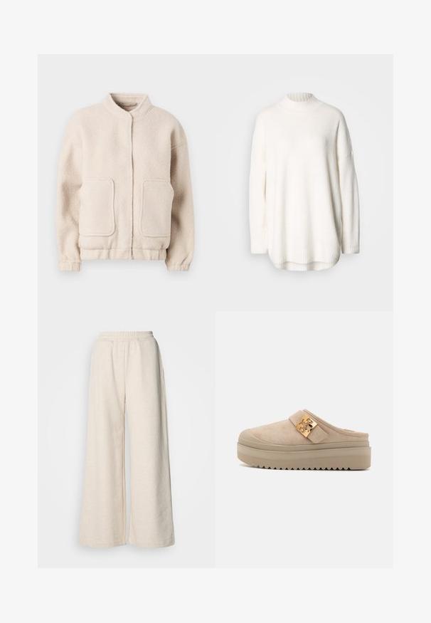 Beige fleecejakke med høj krave, to forlommer og elastiske manchetter. Blød tekstur med en boxy silhuet og minimal detaljering.; Hvid strikket sweater med ribstrikket høj hals, sænkede skuldre og sideslidser ved kanten. Fremstillet af blødt, struktureret stof.; Højtsiddende, vide bukser i lysebeige stof. Har en elastisk talje og sidelommer. Blød tekstur med et afslappet design.; Beige ruskind mule platforme med en tyk, tekstureret sål, der har et fremtrædende guldfarvet metalaccent på den justerbare strop.