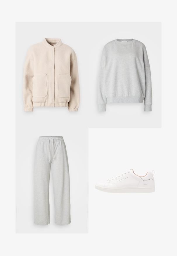 Beige fleecejakke med høj krave, to forlommer og elastiske manchetter. Blød tekstur med en boxy silhuet og minimal detaljering.; Lys grå sweatshirt lavet af blødt stof, med rund halsudskæring, faldende skuldre og ribbede manchetter og kant for en afslappet pasform.; Even&Odd Petite Træningsbukser - mottled light grey; Hvide lædersneakers med rund tå, seks snørehuller, perforerede detaljer, subtile plastdetaljer og en struktureret gummisål.