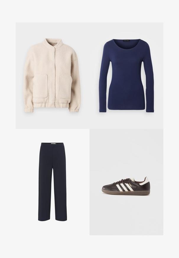 Beige fliistekampsun kõrge kaelusega, kahe eesmine taskuga ja elastsete varrukatega. Pehme tekstuur, kastja siluett ja minimaalne detaile.; Tumesinine pikkade varrukatega T-särk, mis on valmistatud pehmest materjalist, ümarate kaelustega ja keha vormiv disain. Ilma nähtavate mustrite või aktsentideta.; Tumed sinised laiad püksid, mis on valmistatud pehmest kangast, elastse vöökoha ja nähtamatute taskuteta või kaunistusteta.; Tumepruunid nahast tossud valge kolme triibu mustriga, kummist tallaga ja kuldsete tähtedega "Samba" küljel. Klassikaline madala lõikega kuju.