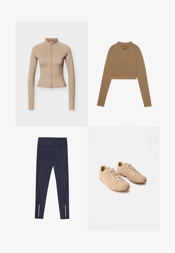 Veste beige courte à manches longues avec col montant et fermeture éclair avant, coupe ajustée et détails de coutures visibles.; Haut marron, à manches longues et à coupe courte, avec un col montant et une demi-fermeture éclair. Fabriqué dans un tissu texturé, avec des manches ajustées et des détails de design minimalistes.; Leggings bleu marine en tissu extensible, dotés d'une taille haute et de coutures latérales arrondies, avec des accents réfléchissants au niveau des ourlets des chevilles.; Baskets de sport beiges avec une tige en daim texturé, une semelle en caoutchouc courbée saillante et un système de laçage. Présente des détails en relief sur les côtés.
