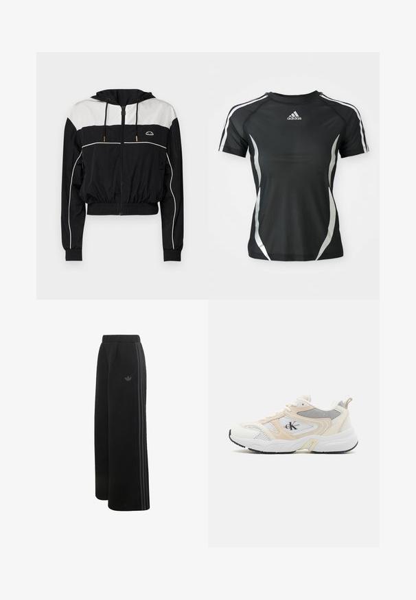 Chaqueta corta en blanco y negro con capucha, cierre de cremallera, puños acanalados y cinturilla elástica; cuenta con rayas blancas y detalle de logo en el pecho.; Camiseta atlética negra de Adidas de manga corta con rayas blancas en los hombros y acentos curvados plateados a los lados.; Pantalones negros de pernera ancha de Adidas con cintura elástica, tres rayas laterales en gris oscuro y pequeño logo de trébol en el muslo izquierdo.; Zapatillas deportivas en blanco y beige claro, elaboradas con materiales de malla y sintéticos, que presentan una suela gruesa, acentos texturizados y un detalle del logo en el costado.