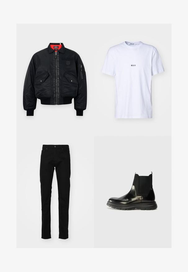 Schwarze Bomberjacke mit Reißverschluss, featuring ein rotes Innenfutter, zwei Fronttaschen und eine Seitentasche. Strukturierter Stoff mit matter Oberfläche.; Weißes Baumwoll-T-Shirt mit rundem Ausschnitt, kurzen Ärmeln und einem kleinen schwarzen "MSGM"-Logo, das auf der Vorderseite gedruckt ist. Glatte Textur.; Schwarze Denim-Jeans im Slim-Fit mit einem klassischen Fünf-Taschen-Design, Metallknopf und genähten Details an den Taschen.; Schwarze Leder Chelsea-Stiefel mit elastischen Seitenpaneelen, einer abgerundeten Zehenpartie und einer strukturierten Gummisohle mit Rillen für besseren Halt.