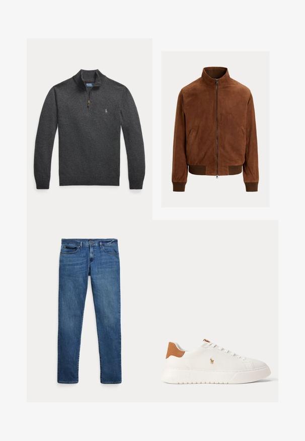 Veste bomber en daim marron avec fermeture éclair à l'avant, poignets côtelés et ourlet à la taille, présentée sur un fond clair uni.; Pull-over gris foncé à manches longues avec une fermeture éclair au quart et un petit logo brodé sur le côté gauche de la poitrine.; Jean en denim bleu à coupe slim, avec poches avant, passants pour ceinture et fermeture à bouton sur fond blanc.; Baskets basses blanches avec languette de talon beige, lacets blancs et petit logo brodé d'un joueur de polo sur le côté au-dessus d'une semelle épaisse.