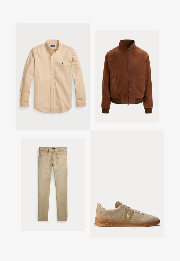 Veste bomber en daim marron avec fermeture éclair à l'avant, poignets côtelés et ourlet à la taille, présentée sur un fond clair uni.; Chemise boutonnée beige clair en coton, avec un col classique, des manches longues, des boutons blancs et un petit logo bleu sur la poitrine.; Pantalon beige slim fit avec poches avant, passants de ceinture et fermeture par bouton, posé à plat sur fond blanc.; Basket basse beige en daim et cuir avec semelle en gomme, lacets blancs, et logo Polo sur le côté et la semelle.