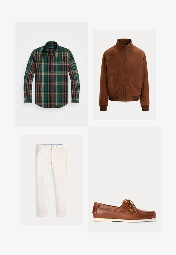Chaqueta bomber de ante marrón con cremallera frontal, puños acanalados y bajo en la cintura, mostrada sobre un fondo claro y liso.; Camisa de cuadros verde con rayas naranjas, marinas y blancas. Presenta un cuello clásico y mangas largas, fabricada en suave tela de algodón.; Pantalones ajustados para hombre en color blanco roto con bolsillos delanteros, trabillas para cinturón y cierre de botón sobre un fondo liso.; Zapato náutico de cuero marrón con suela blanca, cordones atados en la parte superior y ojales metálicos a lo largo de los lados y la costura delantera.