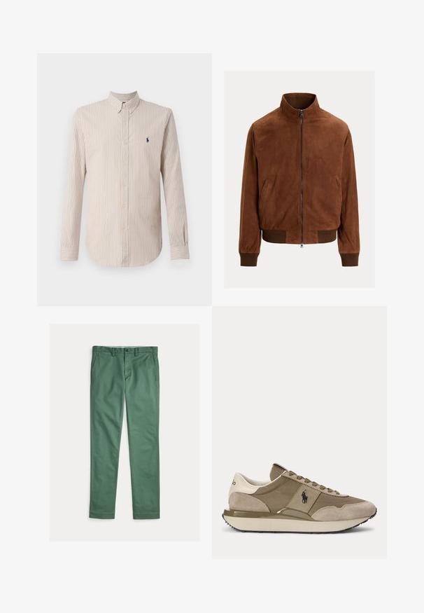 Chaqueta bomber de ante marrón con cremallera frontal, puños acanalados y bajo en la cintura, mostrada sobre un fondo claro y liso.; Camisa de manga larga a rayas en crema y marrón claro, con cuello abotonado y un pequeño logotipo en navy en el pecho.; Pantalones verdes de corte recto para hombre con bolsillos delanteros, trabillas para cinturón y cierre de botón, mostrados extendidos sobre un fondo blanco.; Vista lateral de zapatilla beige y marrón con detalles en ante y logo Polo en el lateral sobre un fondo liso.
