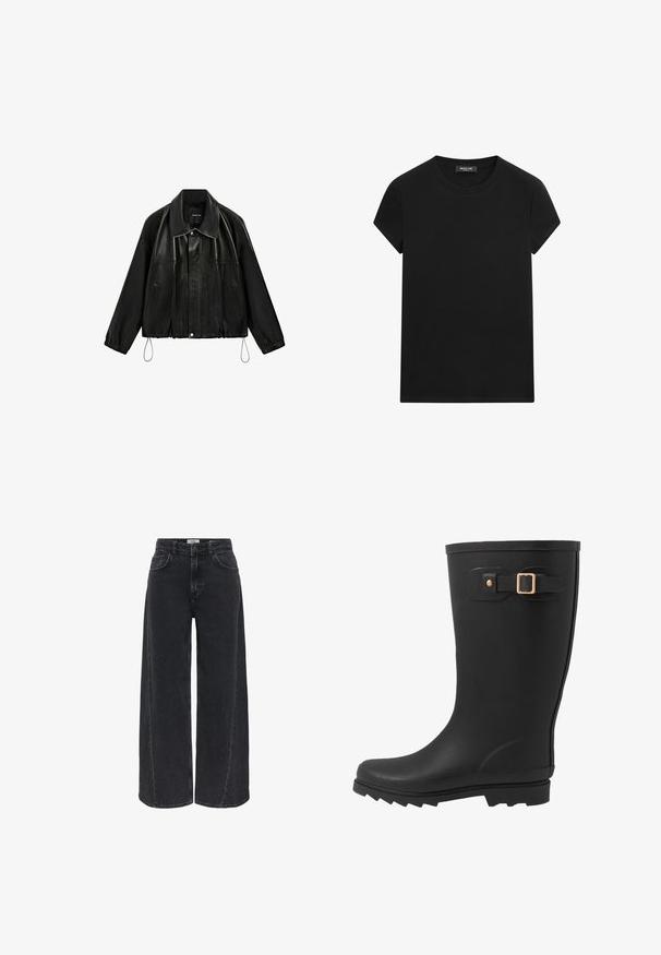 Black faux leather jacket with wide collar, front zipper, side pockets, elastic cuffs, and drawstrings at the hem, displayed on a plain background.; Black short-sleeve crew neck t-shirt with a visible brand label at the neckline centered on a white background.; Black high-waist wide-leg jeans with button and zipper closure, front pockets, and belt loops on a white background.; Black rubber rain boot with a rounded toe, textured sole, and a side strap detail with a gold buckle accent.