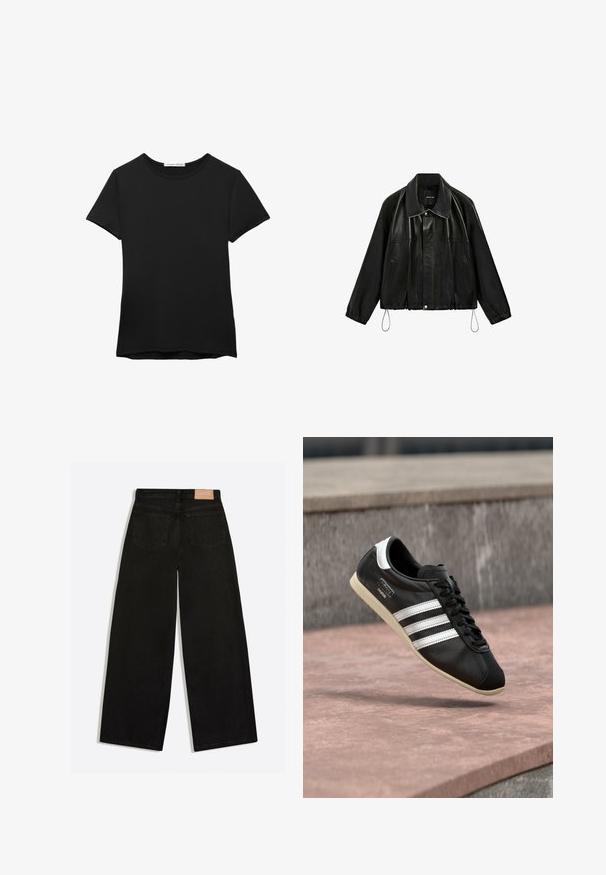 Schwarze Kunstlederjacke mit breitem Kragen, Frontreißverschluss, Seitentaschen, elastischen Bündchen und Kordelzügen am Saum, präsentiert auf schlichtem Hintergrund.; Schwarzes kurzärmliges T-Shirt aus glattem Stoff. Mit Rundhalsausschnitt und einer lockeren Passform sowie einem geraden Saum.; Schwarze Jeans mit weitem Bein, von hinten gezeigt, mit zwei Gesäßtaschen und einem braunen Lederlabel am Bund.; Schwarzer Ledersneaker mit weißen Streifen und Sohle, geschnürt, schwebt über einer rosa gefärbten Betontfläche vor einer grauen Steinmauer im Hintergrund.