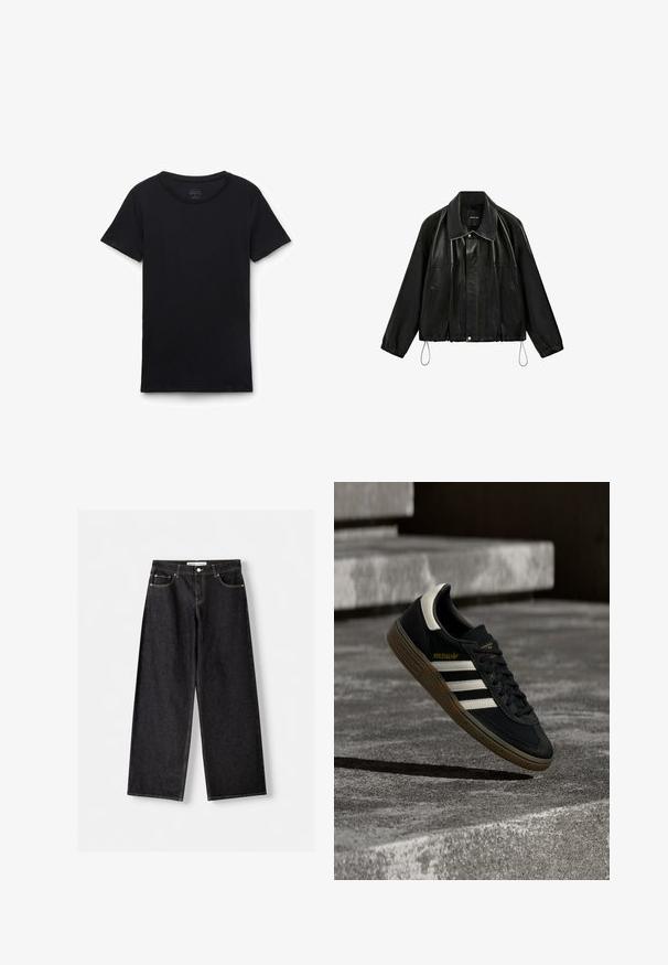 Sort jakke i kunstlæder med bred krave, frontlynlås, sidelommer, elastiske manchetter og snoretræk i kanten, vist på en ensfarvet baggrund.; Sort t-shirt med korte ærmer og rund hals lagt fladt på hvid baggrund, der viser forfra og glat stoftekstur.; Sorte vidde bukser i denim med forlommer og sølvfarvet knaplukning, lagt fladt på en lysegrå baggrund.; Sort Adidas-sneaker med hvide striber og gummisåler, svævende over grå betontrapper i naturligt lys.