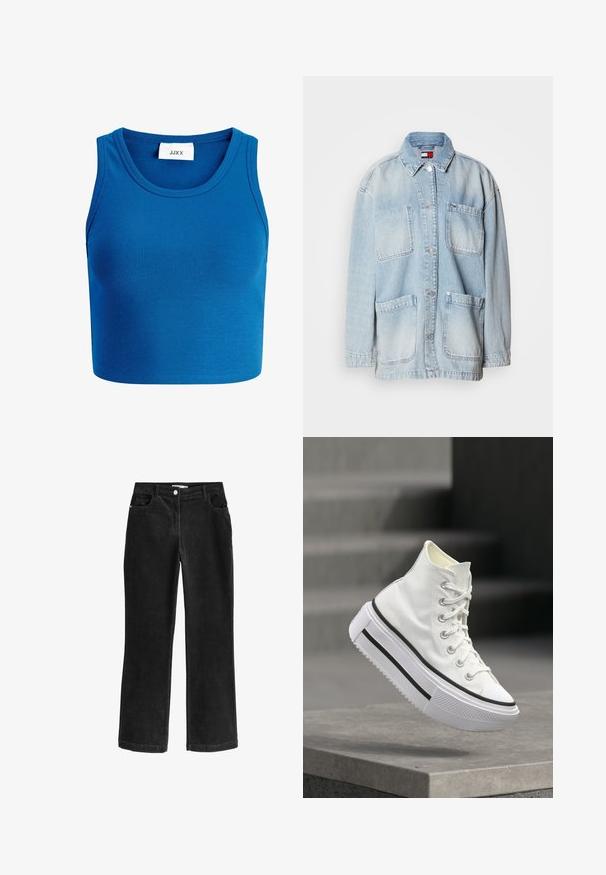 Lichtblauwe spijkerjack met een kraag, knoopsluiting, twee voorzakken en een kleine logo patch op de linkerborst. Relaxte pasvorm.; Blauwe geribde crop top met brede halslijn, zonder mouwen ontwerp, en een label met de tekst "JJXX" in het midden van de halslijn.; Zwarte corduroybroek met een recht model, voorzien van zijzakken, een knoopsluiting en een zachte, gestructureerde textuur.; Witte hoge sneaker met dikke plateauzool en zwarte streep, zwevend boven een betonnen trede in een buitenomgeving.