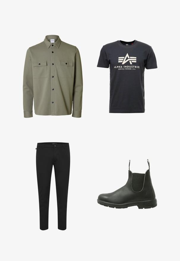 Chaqueta tipo camisa de manga larga color verde oliva con cuello, botones a presión negros en el frente y dos bolsillos en el pecho con solapas y botones.; Camiseta de algodón gris oscuro con mangas cortas. Presenta un gran logo blanco con tres franjas y el texto "ALPHA INDUSTRIES, KNOXVILLE, TENNESSEE, U.S.A."; Pantalones negros de tela suave. Cuentan con un cierre de botón, pasadores para cinturón y un diseño ajustado con perneras estrechas. Sin patrones visibles.; Bota Chelsea de cuero negro con paneles laterales elásticos, puntera redondeada y suela de goma texturizada, diseñada para un uso fácil al poner y quitar.