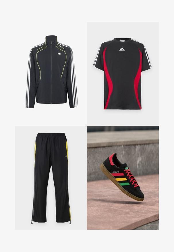 Sort sportjakke med lynlås med hvide striber på ærmerne, neon-gule kanter foran og hvid Adidas-logo på brystet.; Sort kortærmet T-shirt med røde sideakcenter, hvid Adidas-logo på brystet og hvide skulderstriber. Fremstillet af et glat stof.; Sorte træningsbukser med gule sideaccenter, elastisk talje og lynlåslommer på siden. Fremstillet af let og glat stof.; Sort Adidas Spezial-sneaker med røde, gule og grønne striber, røde snørebånd, gummisål og rødt hældetalje, vist svævende over fortovet.