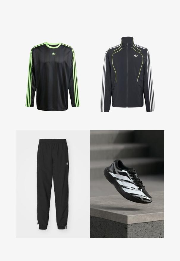 Zwarte sportjas met rits met witte strepen op de mouwen, neongele bies aan de voorkant en een wit Adidas-logo op de borst.; adidas Originals JACQ - Longsleeve - black signal green; Zwarte trainingsbroek met een elastische tailleband en boorden, voorzien van witte zijstrepen en een klein wit Adidas-logo op de linkse heup.; Zwart-zilveren sportschoen met witte strepen in de lucht boven een betonnen richel, trap treden wazig op de achtergrond.