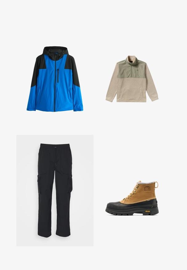 Blå og sort hættetrøjejakke med lynlås foran, lynlåslomme på brystet og to sidelommer, designet til udendørs brug.; Fleece pullover i beige og olivengrøn med halvlukket design, høj krave og to sidelommer. Glat tekstur på det øverste panel.; Sorte cargo-bukser lavet af vævet stof. Har justerbar talje, sidelommer og to værktøjslommer med lynlås.; Brun og sort isoleret snørestøvle til vinter med gummisål og Vibram-mønster, med Sorel- og Gore-Tex-logoer.