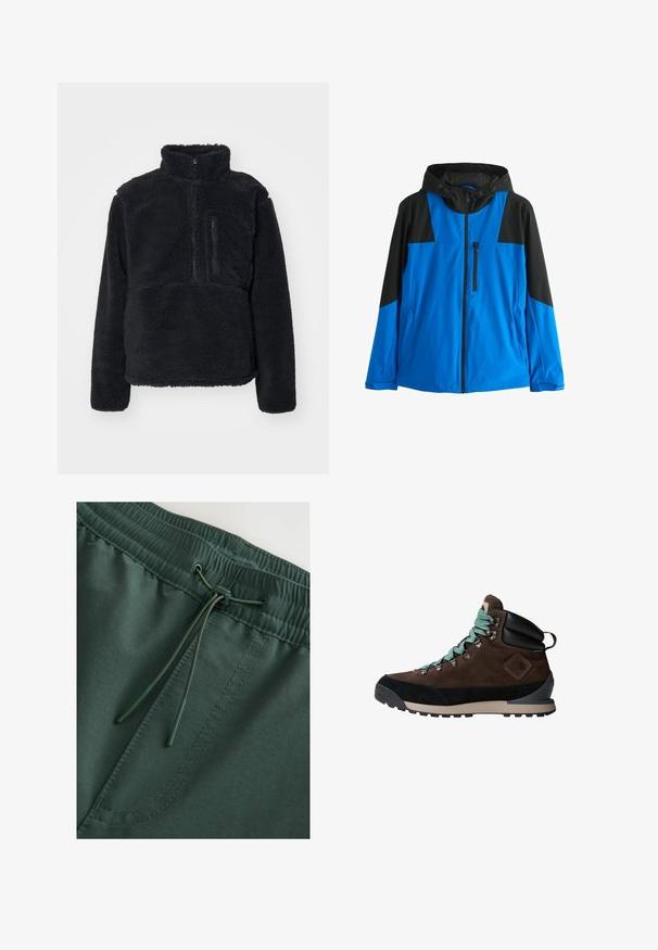 Blauw-zwart gewatteerd jack met capuchon, voorzien van een ritssluiting aan de voorkant, een ritssluiting op de borst en twee zijzakken, ontworpen voor buitenactiviteiten.; Zwarte pullover van zacht, getextureerd fleece. Voorzien van een hoge kraag, een gedeeltelijke rits en een ritsvak op de borst.; Donkergroene sweatshorts met een elastische tailleband en trekkoord, zacht van textuur en met zichtbare stiksels. Eenvoudig, functioneel ontwerp.; Bruine wandelschoen met een suède bovenwerk, zwarte accenten en turquoise veters. Beschikt over een robuuste zool en versterkte enkelsteun.