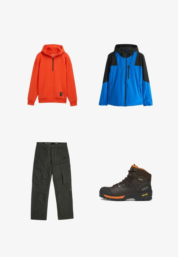 Blaue und schwarze Kapuzenjacke mit Frontreißverschluss, Reißverschlusstasche auf der Brust und zwei Seitentaschen, entworfen für den Außeneinsatz.; Orangene Kapuzenjacke mit halbem Reißverschluss, Kängurutasche und gerippten Bündchen. Hergestellt aus weichem Stoff, mit einem markierten Etikett am Saum.; Dunkelgrüne Cargohose mit Knopfverschluss, zwei schrägen Vordertaschen und zwei großen seitlichen Klappentaschen an jedem Bein.; Brauner Leder-Wanderschuh mit schwarzen und orangefarbenen Akzenten, schwarzen Schnürsenkeln, Vibram-Sohle, Gore-Tex-Label und Aigle 1853 Logo an der Ferse.