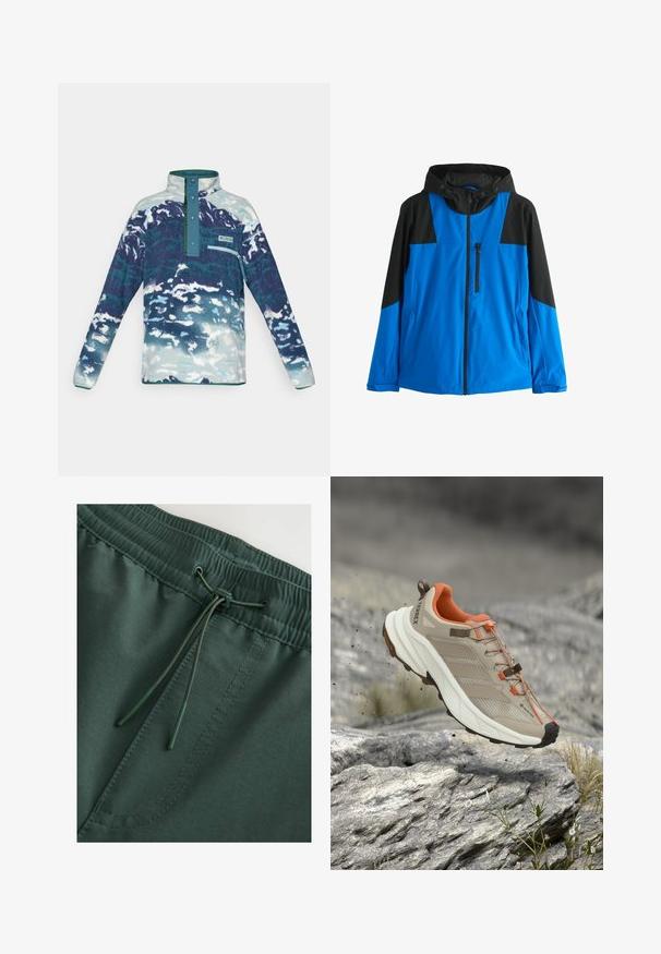 Blauw-zwart gewatteerd jack met capuchon, voorzien van een ritssluiting aan de voorkant, een ritssluiting op de borst en twee zijzakken, ontworpen voor buitenactiviteiten.; Fleece pullover met lange mouwen en hoge kraag, drukknoopjes, borstzak met ritssluiting, en een blauw-wit abstract patroon.; Donkergroene sweatshorts met een elastische tailleband en trekkoord, zacht van textuur en met zichtbare stiksels. Eenvoudig, functioneel ontwerp.; Beige en oranje wandelschoen met dikke zool, GORE-TEX-label en "TERREX"-branding, afgebeeld boven rotsachtig terrein.
