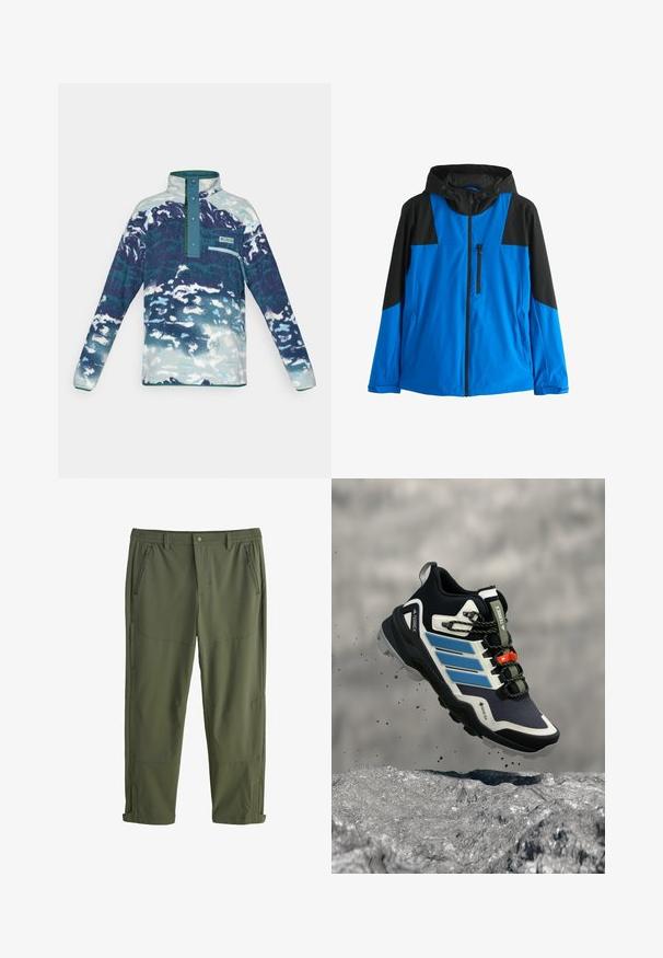 Blå og sort hættetrøjejakke med lynlås foran, lynlåslomme på brystet og to sidelommer, designet til udendørs brug.; Langærmet fleece-pullover med høj krave, trykknapper, brystlomme med lynlås og abstrakt mønster i blå-hvide nuancer.; Grønne, letvægts udendørsbukser med elastisk talje, flere lynlåslommer og forstærkede sømme. Justerbare manchetter.; Sort og blå Adidas Terrex vandresko med robust sål, der svæver over klippefyldt terræn med jord, der flyver rundt.