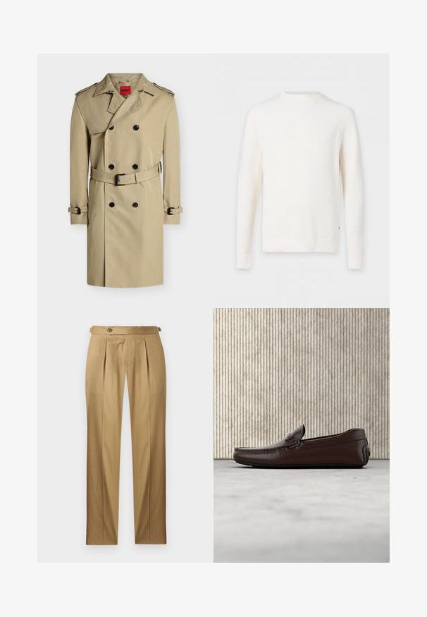 Trench-coat beige croisé avec boutons noirs, épaulettes, ceinture à la taille et aux poignets, présenté sur fond blanc.; Pull en maille côtelée blanc à manches longues avec col rond, présenté à plat sur un fond clair.; Pantalon beige à coupe droite, avec des plis, une fermeture à boutons et des passants pour ceinture. Tissu lisse avec un aspect net et ajusté.; Mocassins en cuir marron avec une finition lisse, des coutures de style mocassin, un bout rehaussé et une semelle en caoutchouc basse et flexible.