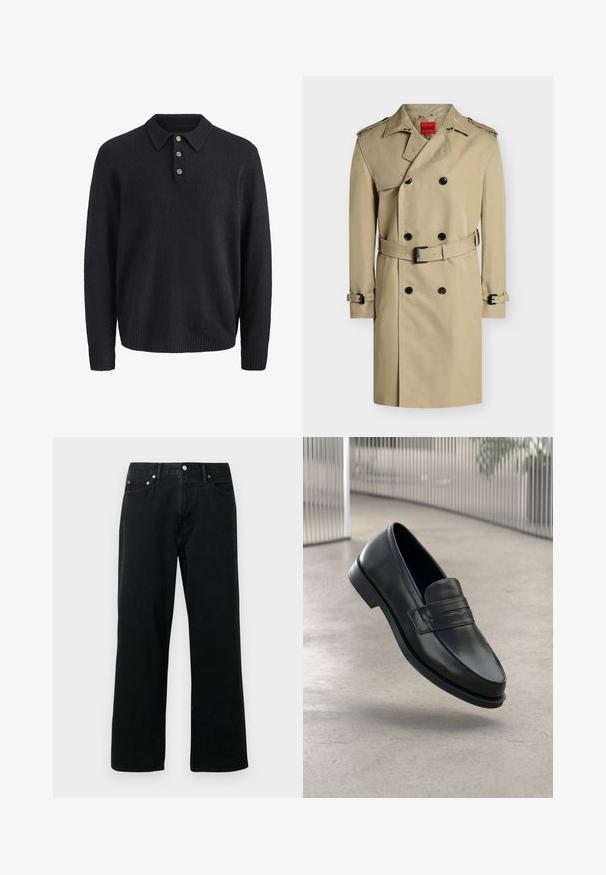 Beige dobbelt-breasted trenchcoat med sorte knapper, skulderstropper, et bælte i taljen og manchetter, vist mod en hvid baggrund.; Mørkeblå langærmet strikket sweater med krave og tre knapper ned foran.; Sorte denimjeans med lige ben, fem-lomme design, metalnitter og knaplukning. Stoffet har en blød tekstur med minimal falming.; Sort lædersko med glat tekstur, spids tå og en dekorativ rem over vristen. Letvægts sål, minimalistisk design.