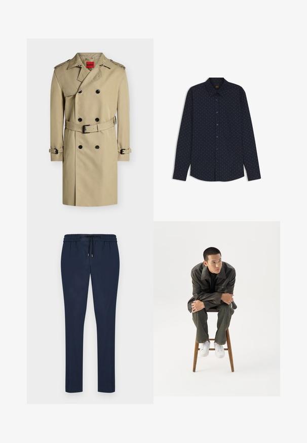Beiger, zweireihiger Trenchcoat mit schwarzen Knöpfen, Schulterklappen, einem Gürtel in der Taille und Manschetten, vor weißem Hintergrund dargestellt.; Navyblaues Langarmhemd mit kleinen weißen Tupfen und klassischem Kragen, dargestellt auf weißem Hintergrund.; Dunkelblaue Jogginghosen mit einem Kordelzugbund, schmal zulaufenden Beinen und einem weichen, glatten Stoff. Keine Taschen oder auffälligen Muster.; Junger Mann in dunkler Lederjacke und Jeans sitzt auf einem Holzstuhl, lehnt sich mit verschränkten Armen nach vorne und schaut seitlich vor weißem Hintergrund.
