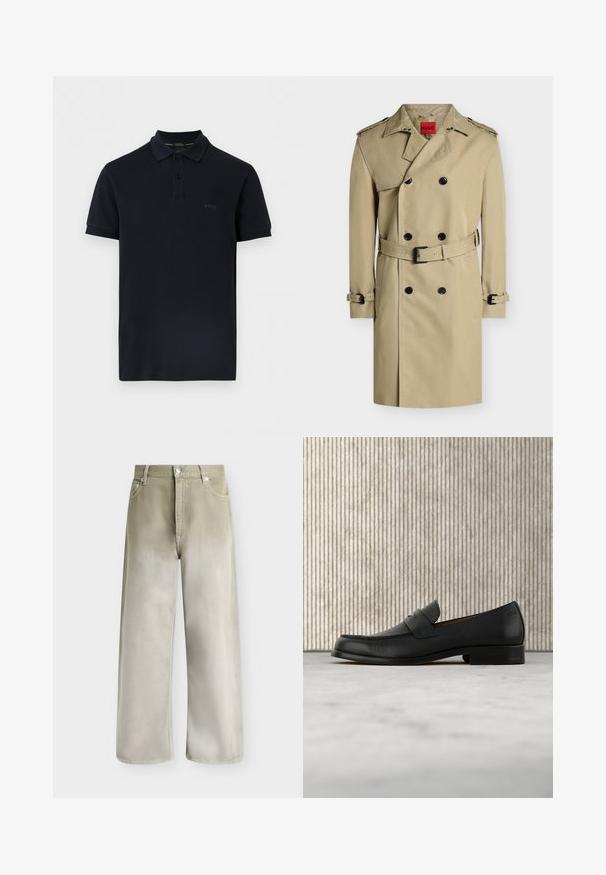 Trench-coat beige croisé avec boutons noirs, épaulettes, ceinture à la taille et aux poignets, présenté sur fond blanc.; Polo noir à manches courtes avec deux boutons et "BOSS" brodé sur le côté gauche de la poitrine.; Jean beige et gris clair à jambes larges, avec poches avant, passants de ceinture et fermeture par bouton.; Mocassin en cuir noir flottant au-dessus d'un tapis beige avec une table ronde brune brillante en arrière-plan.